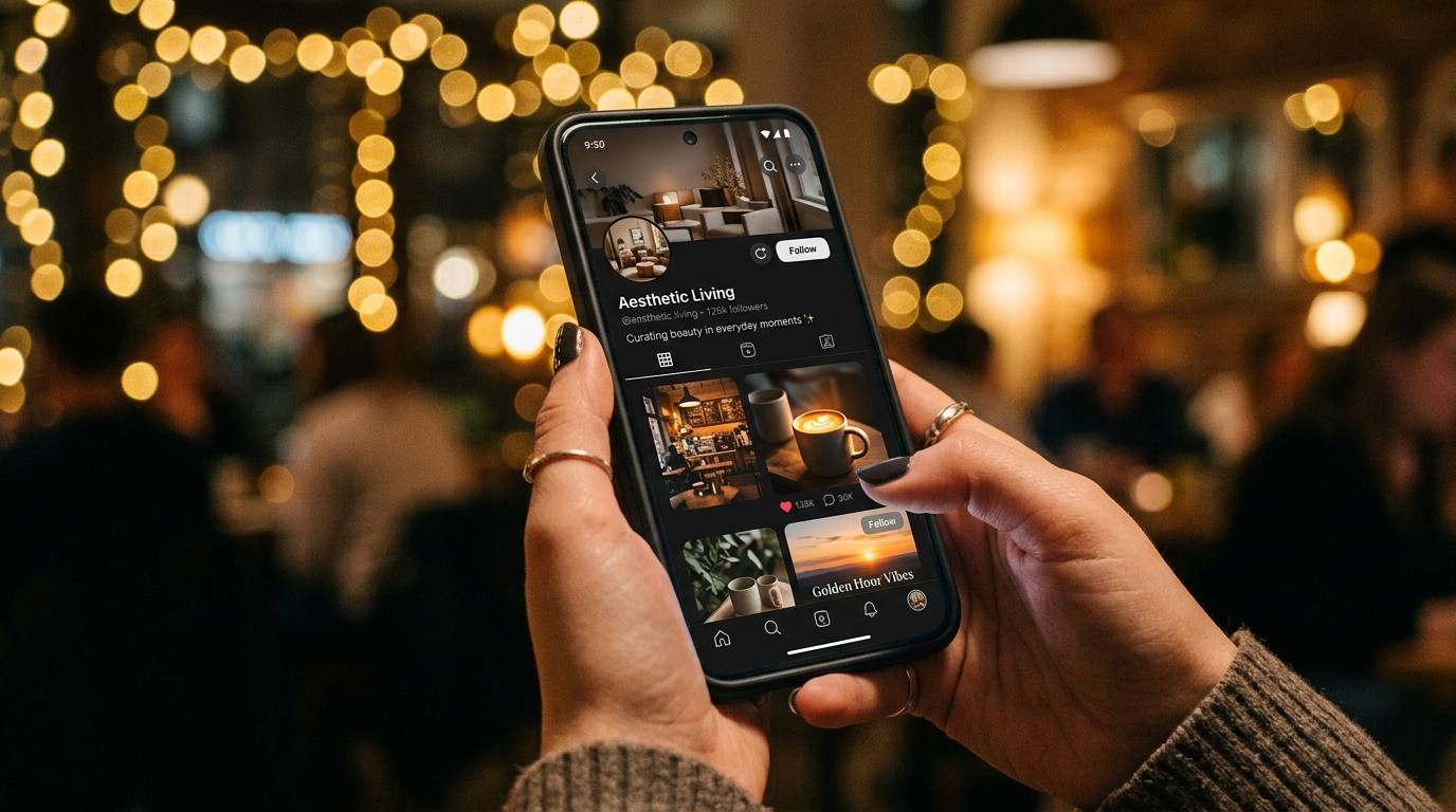 Smartphone showing social media profile with warm glowing lights in background