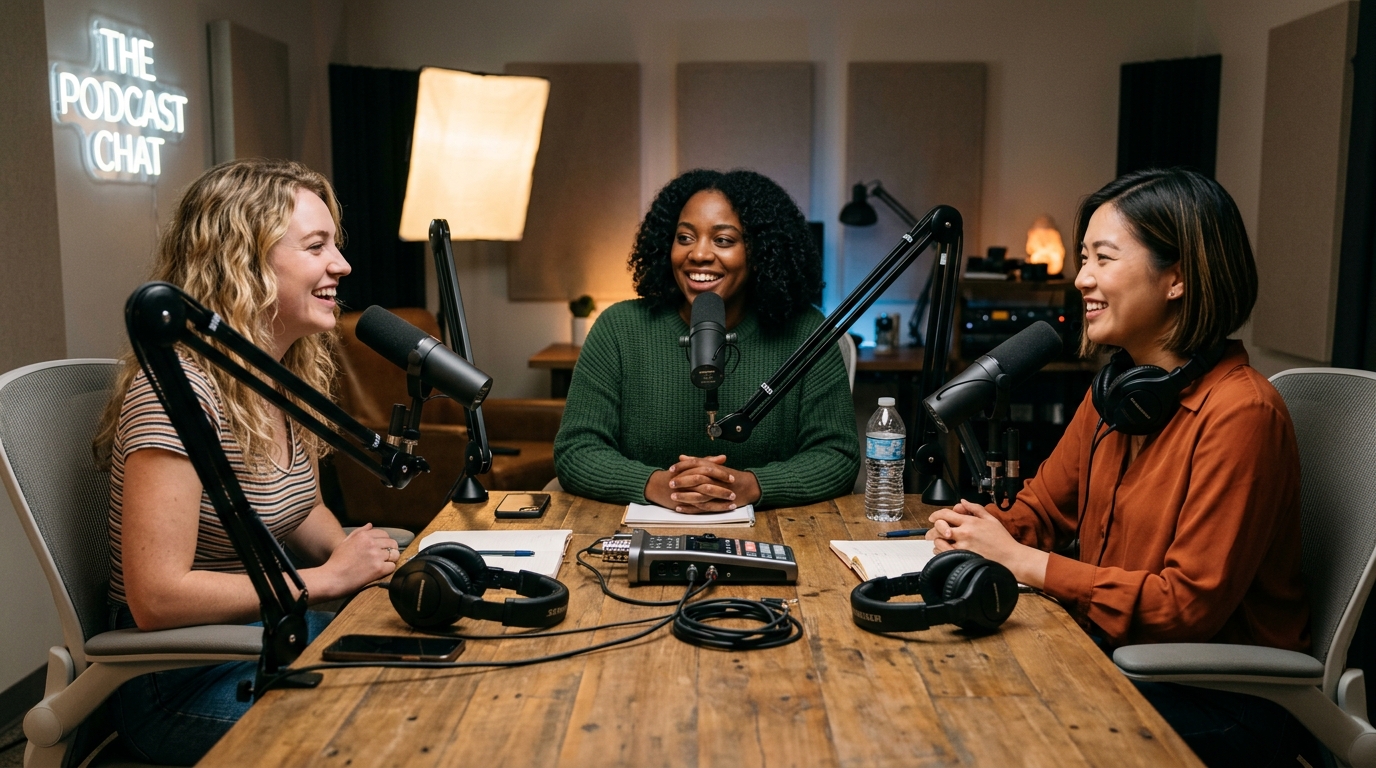 Three podcasters recording an interview in studio with microphones