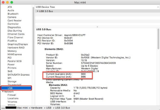 Navigate to Applications Utilities System Information USB. Examine your external hard drive's information within this section.